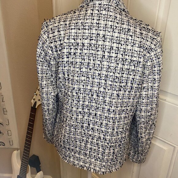 H&M Women' White/Black/Blue Speckled Long Sleeve Open Front Collared Blazer Sz 8 - Picture 4 of 7